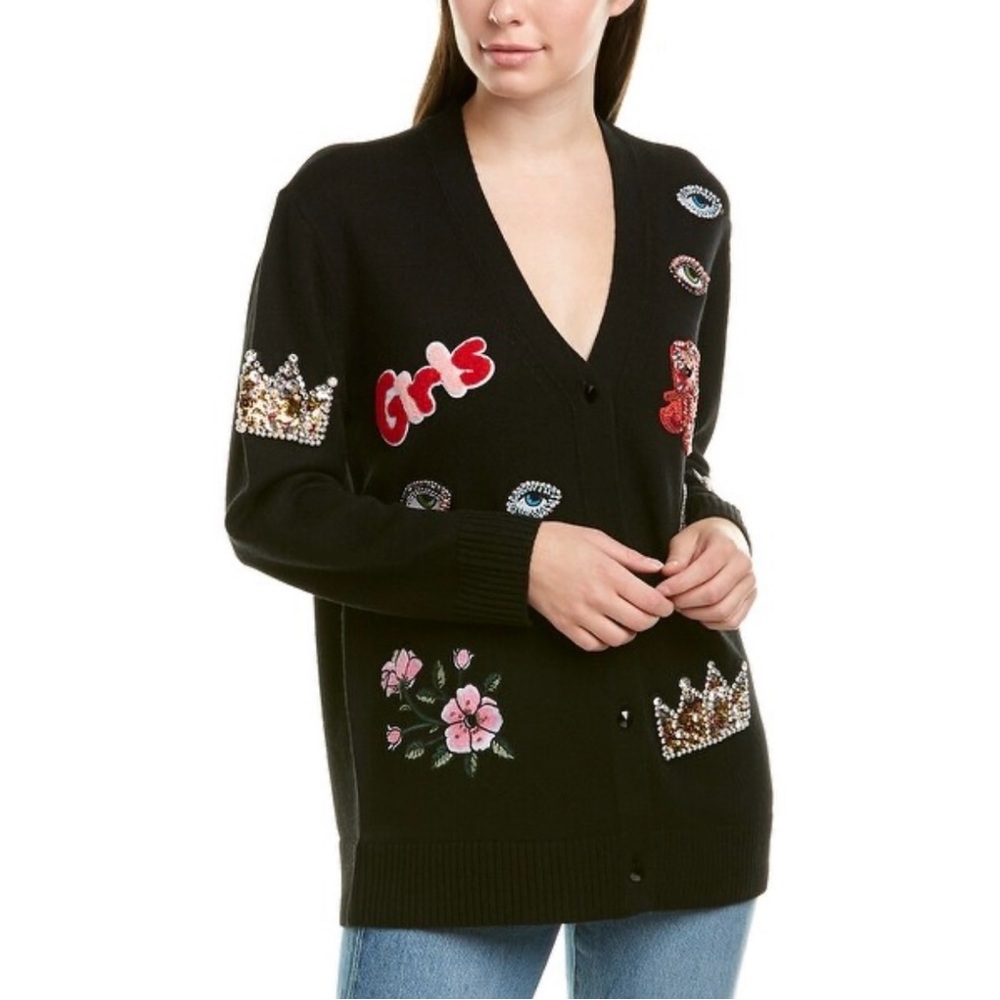Alice & Olivia Oversized Bradford Cardigan Sweater Black Patches Top S M $695